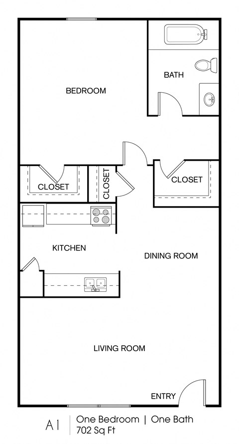 Floor plan for 1 bed, 1 bath, 702 sqft
